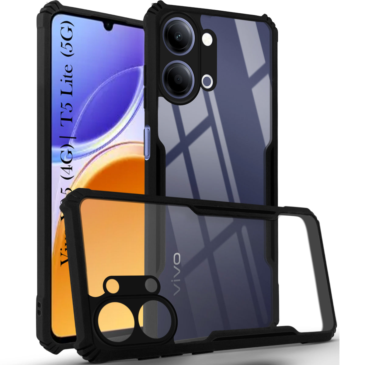 For Vivo Y05 (4G) | Vivo T5 Lite (5G) Back Cover Case Hybrid  (Shockproof with Polycarbonate Clear Panel | Professional Black)